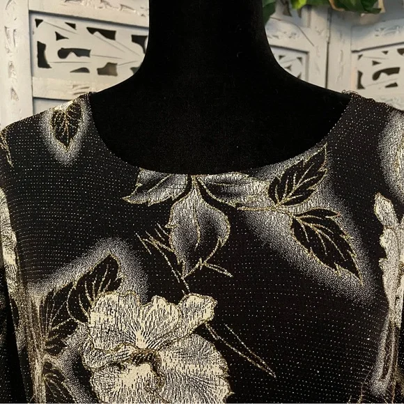 ROBBIE BEE SPECTACULAR SPARKLY BLACK WITH WHITE & GOLD ACCENTS FANCY MIDI DRESS - Picture 4 of 14